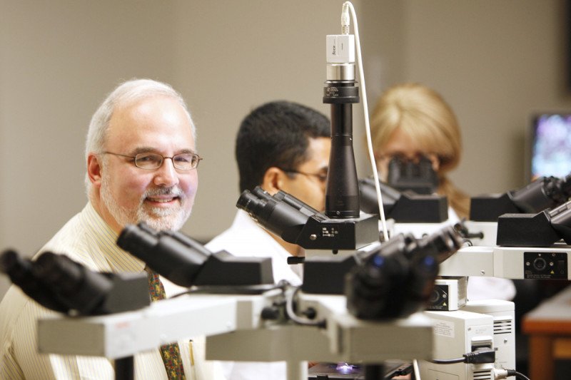 Pathologist David Klimstra sits in front of a microscope.