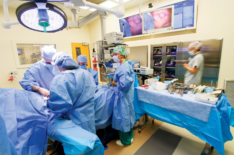 The Surgical Day Hospital's seven new operating rooms are equipped with ceiling mounted "booms" supplying oxygen, anesthesia, and suction, as well as the flat-panel "Walls of Knowledge," which provide patient data and offer videoconferencing capabilities with other operating rooms.