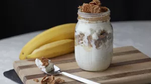 Yogurt Parfait with Banana, Peanut Butter, and Corn Flakes
