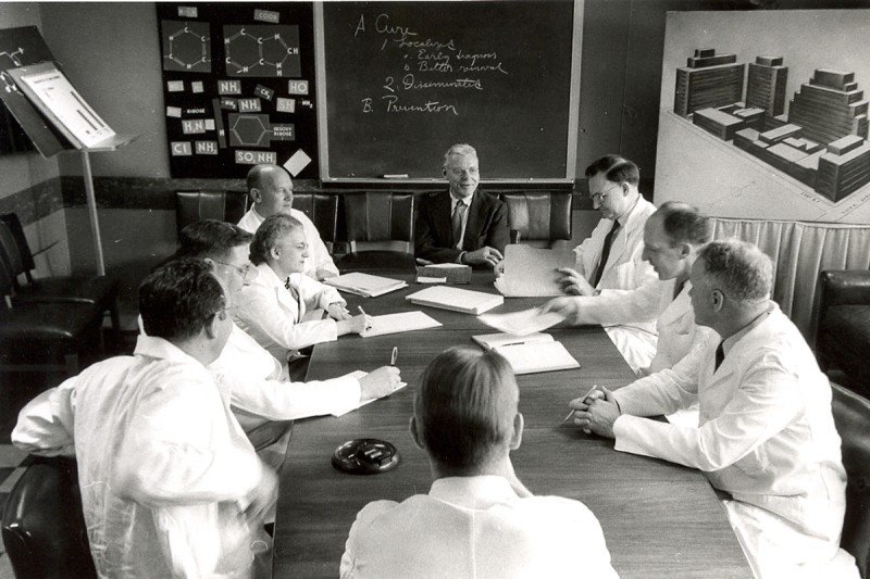 SKI scientists were pioneers of chemotherapy for cancer. Pictured here (from left to right) are Fred Philips, John Biesele, Christine Reilly, Joseph Burchenal, Cornelius Rhoads, C. Chester Stock, David Karnofsky, and George Woolley.